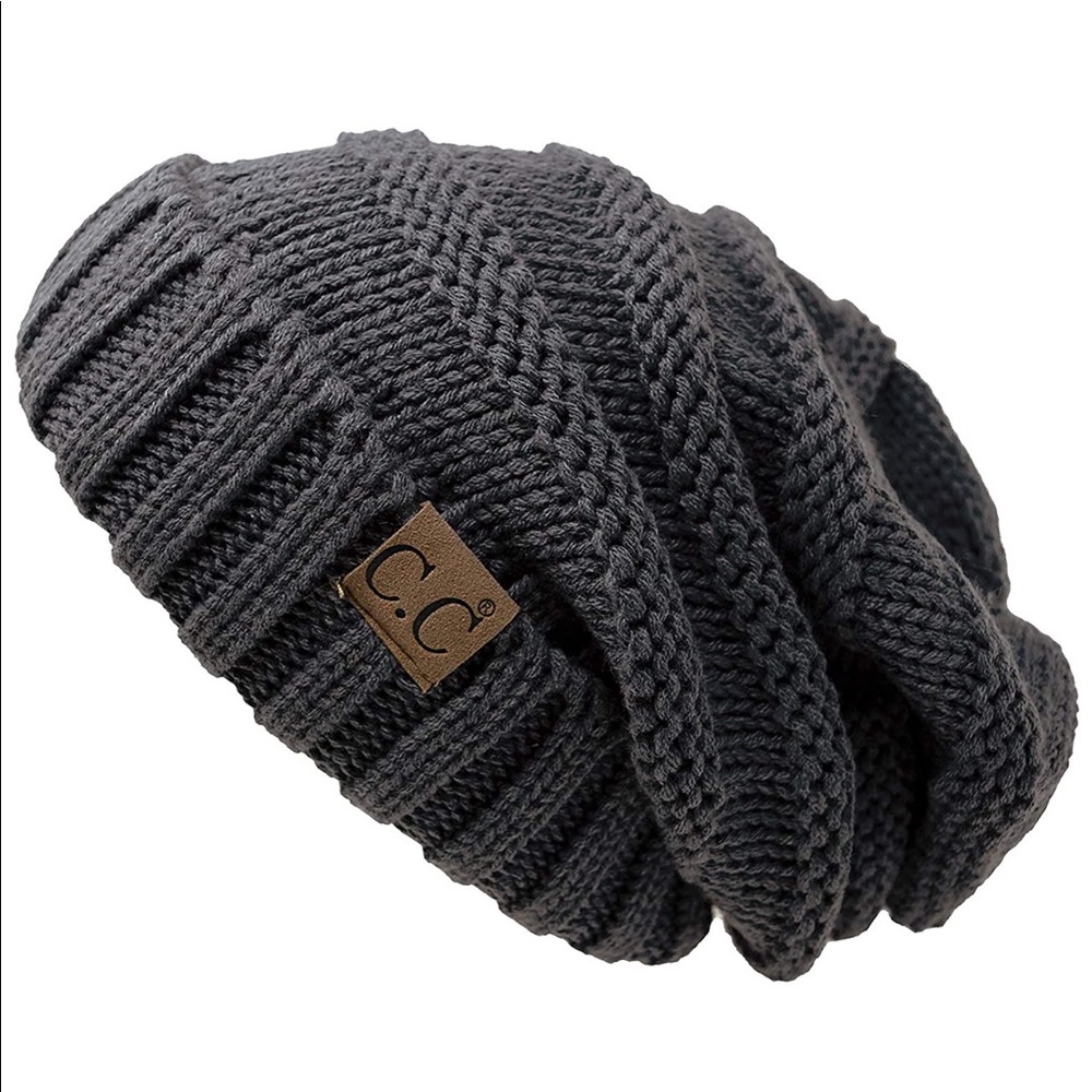NWT Dark Gray Melange Slouchy Knit CC Beanie Grey
